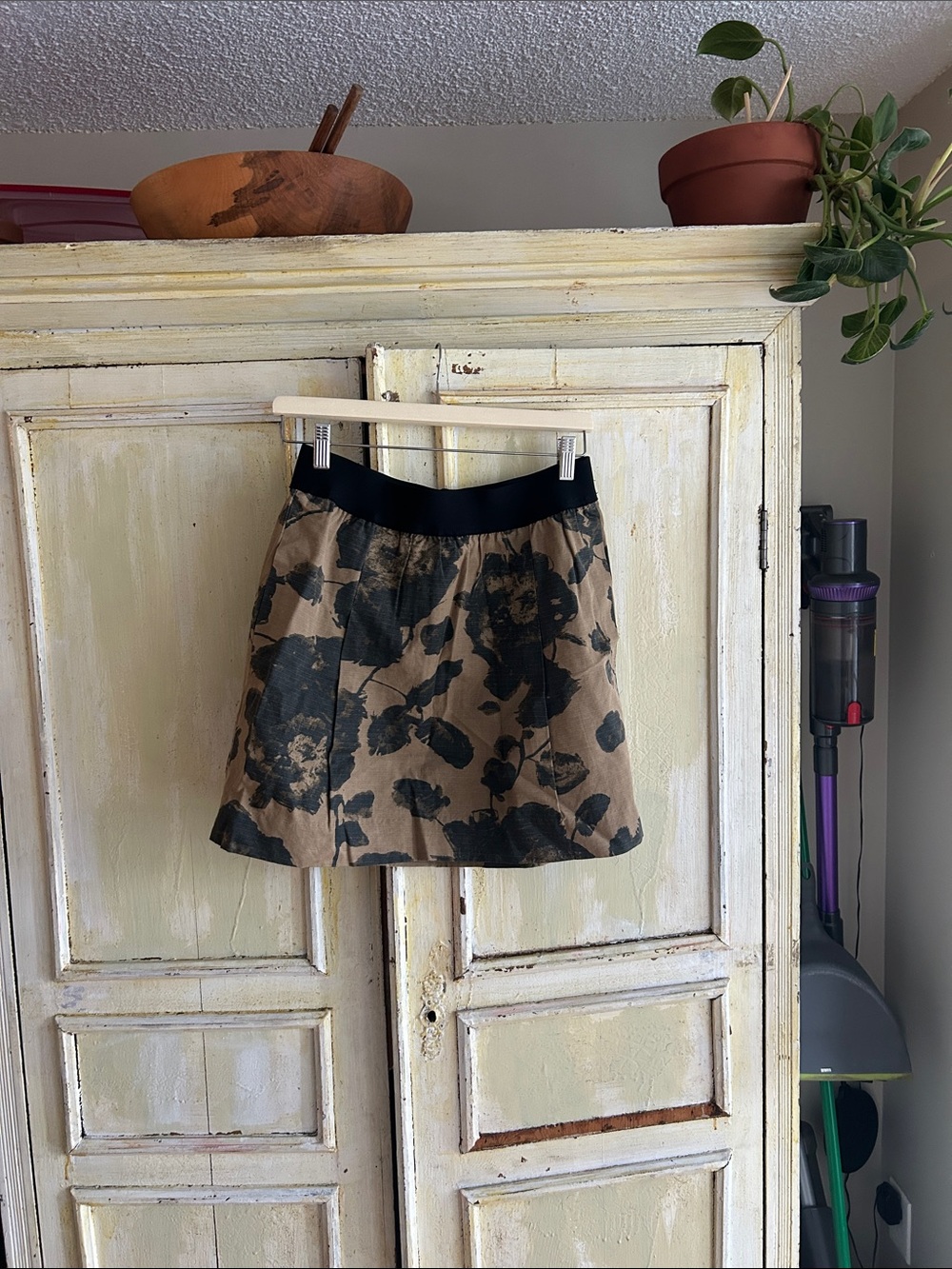 J. Crew Tan Mini Skirt with Black Floral Print